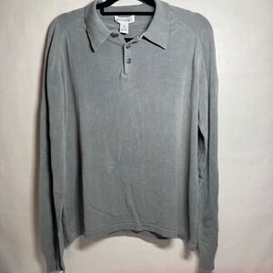 Anthology Mens Pure 100% Silk Long Sleeve Polo Shirt Blue Grey Size M Medium